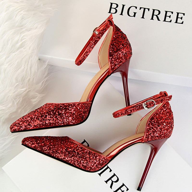 Shoes Sexy High Heels Women Pumps Sparkle Sequins Stiletto Heels 10 Cm Party Shoes Women Heels Summer Women Sandals New 283-1-red9.5cm