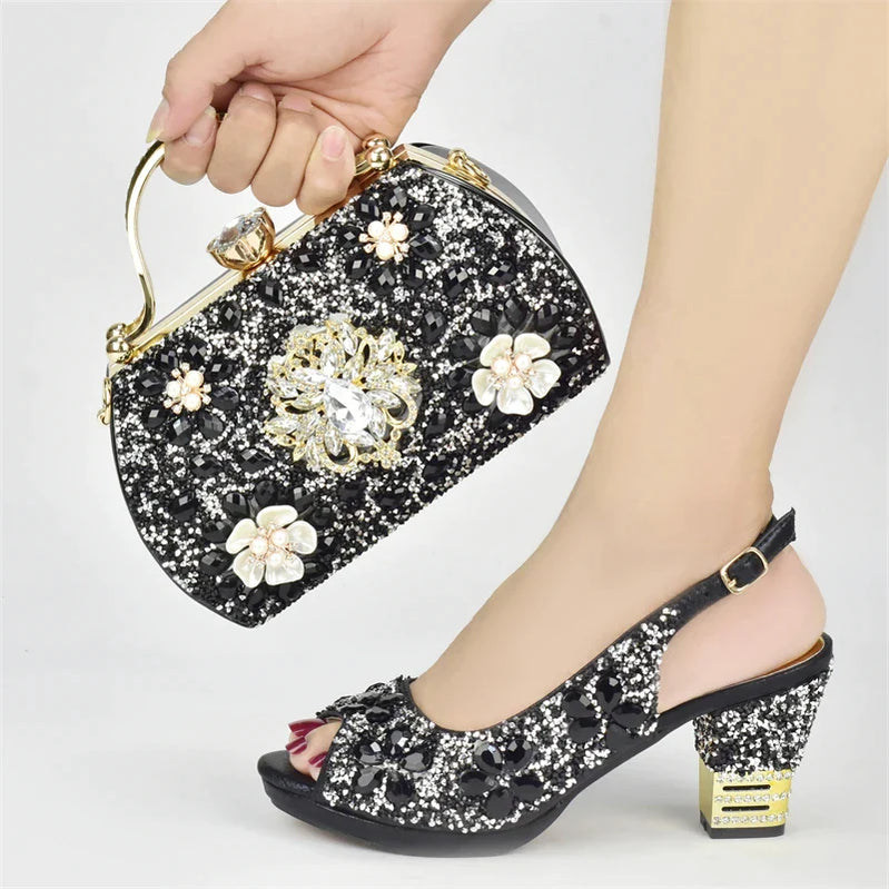 Nigerian Party Shoes with Bag Set Decorated with Rhinestone Shoes for Women Designer Luxury Wedding Shoes Bride Black