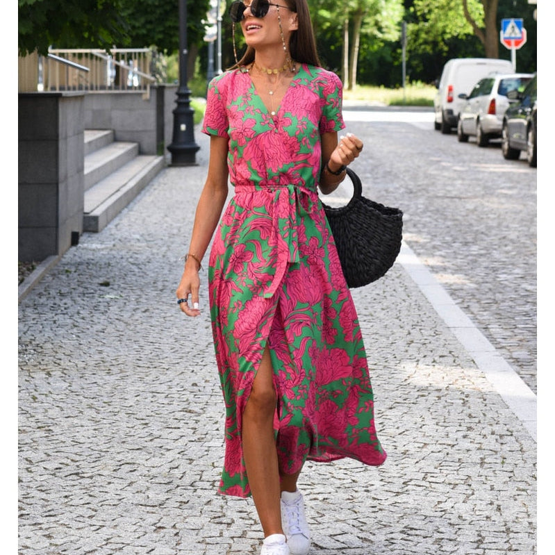 Women Casual Floral Print Dress Summer Elegant V-neck Short Sleeve Waist Lace Up Maxi Dresses Female Holiday Split Long Dress Pink