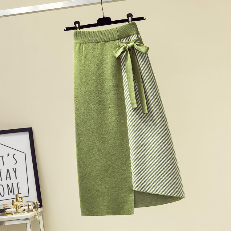 Spring V-neck Knitted Sweater Pullover Personality Asymmetrical Twill Skirt Two-piece Elegant Women's Skirt Set Party Dresses green skirt