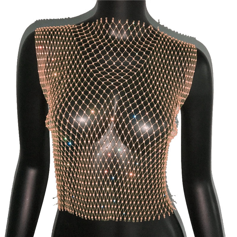 Women's Fishnet Rhinestone Crop Top 2023 Summer Sexy Mesh High Elastic Black White Shirt Net See Through Rave Diamond Tank Top Skin Color O neck