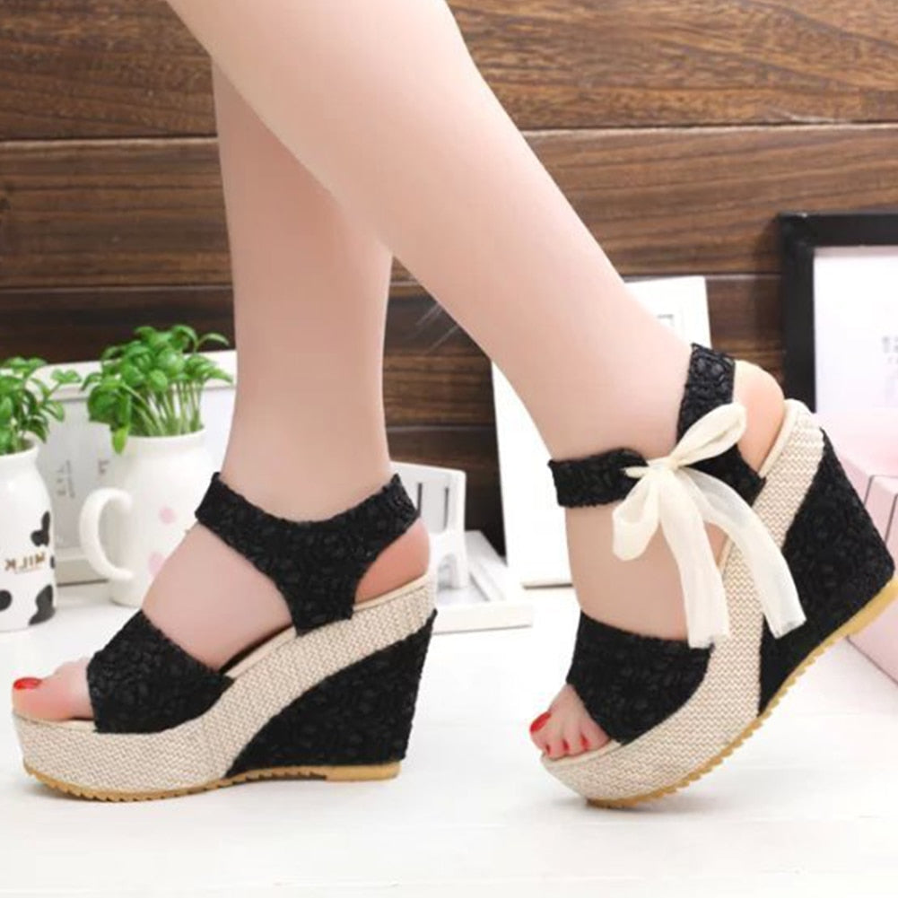 hot lace Women Wedges heeled women Shoes Summer Sandals Party Platform High Heels Shoes Woman Black