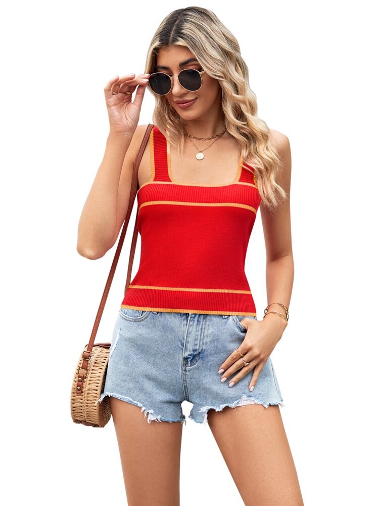 Women's 2023 Summer New Contrast Color Foreign Trade Knitted Sweater Short Style Crop Vest red