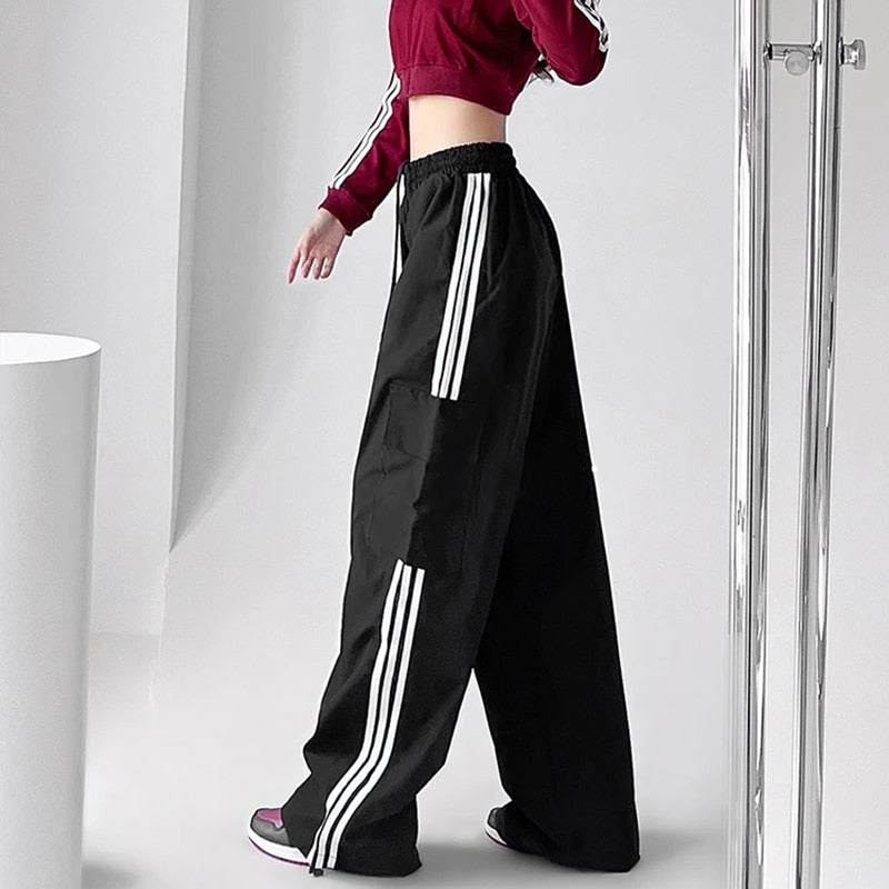 MEXZT Striped Sweatpants Women Hip Hop Streetwear Baggy Wide Leg Cargo Pants Bf Y2K High Waist Drawstring Joggers Trousers
