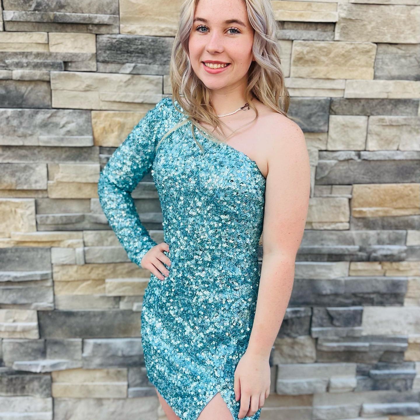 Pink Sequin Mini Cocktail NYE Dress Long Sleeve Lady Formal Event Homecoming Party Gown Club Night Hoco Gala One-Shoulder