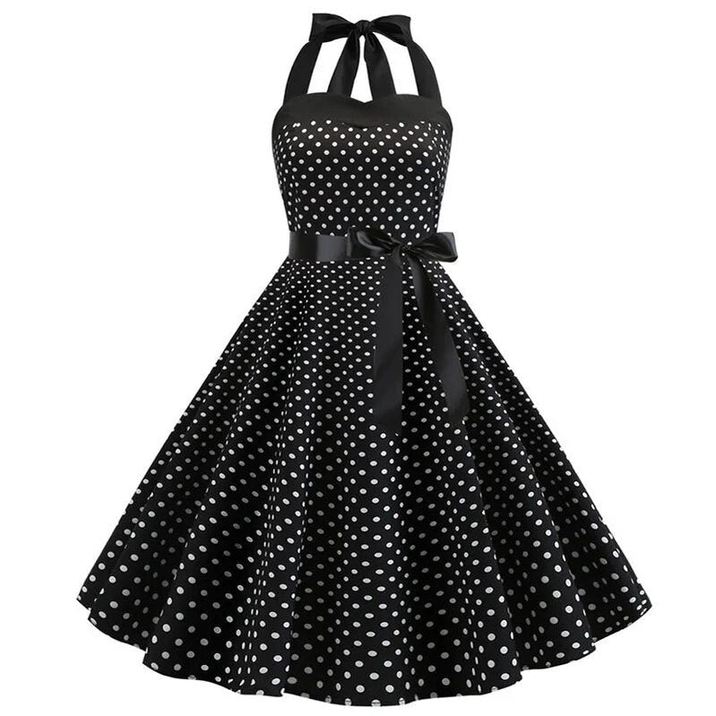 Polka Dot Dress Women Vintage Swing Halter Belt 50s 60s Rockabilly Prom Party Dresses Retro Feminino Vestidos 1014-BLACK