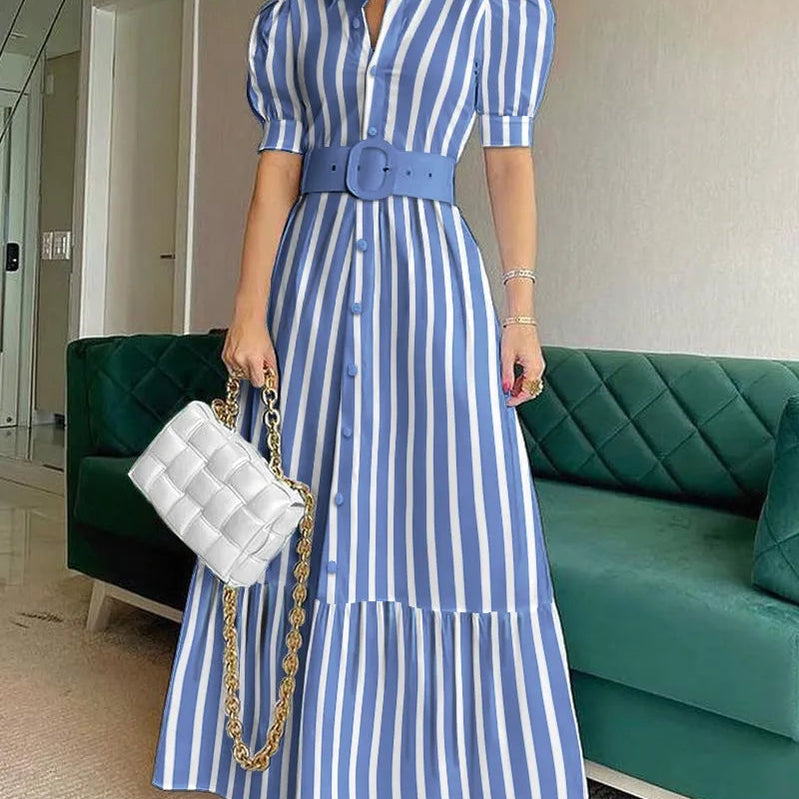 Short Sleeve Elegant Party Dresses For Women High Waist Gowns Button Design Women's Luxury Fashion Summer Clothes Chic Long Blue
