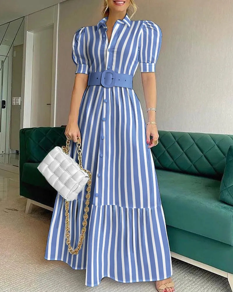Short Sleeve Elegant Party Dresses For Women High Waist Gowns Button Design Women's Luxury Fashion Summer Clothes Chic Long Blue