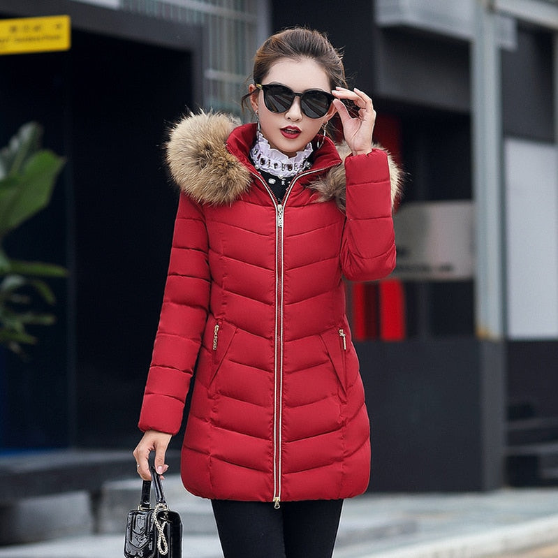 Women's Down Jacket 2024 Winter Woman Korean Style Long Zipper Slim Coats Big Fur Collar Hooded Padded Parka Jacket Female wine red