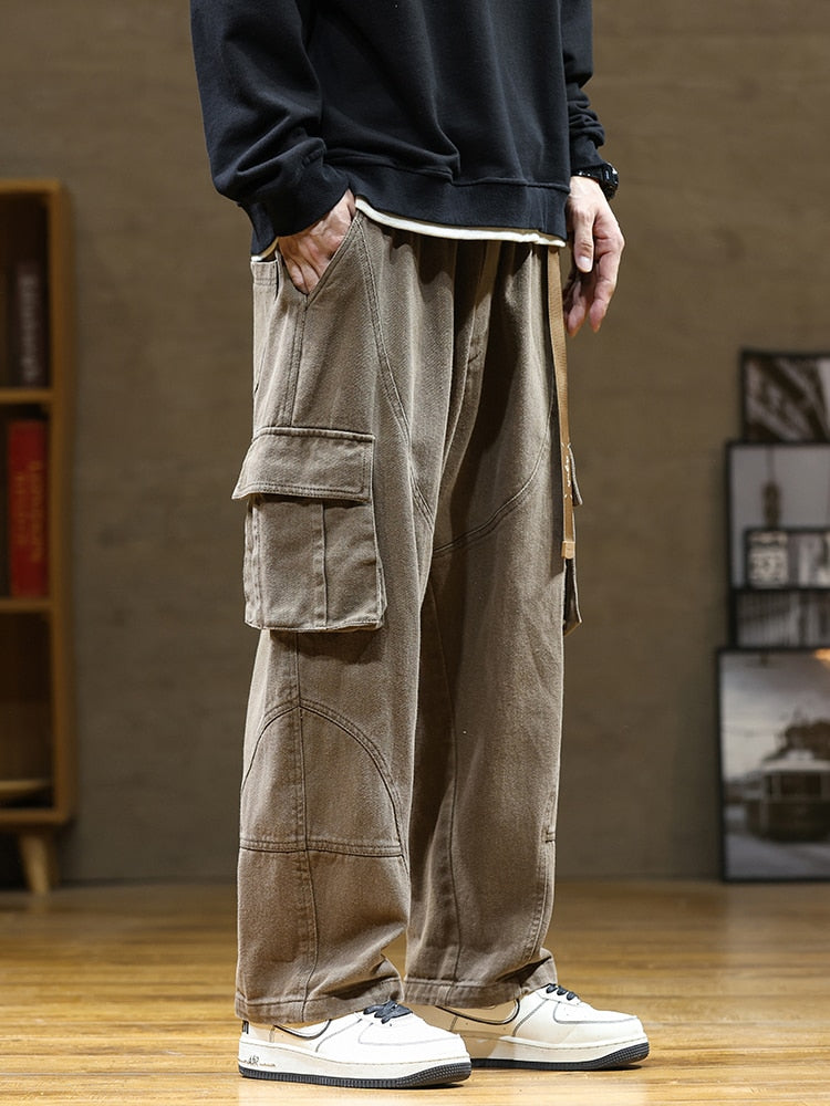 Autumn New Cargo Pants Men Multi-Pockets Cotton Casual Wide Pants Male Workwear Loose Straight Trousers Big Size 7XL 8XL Auburn