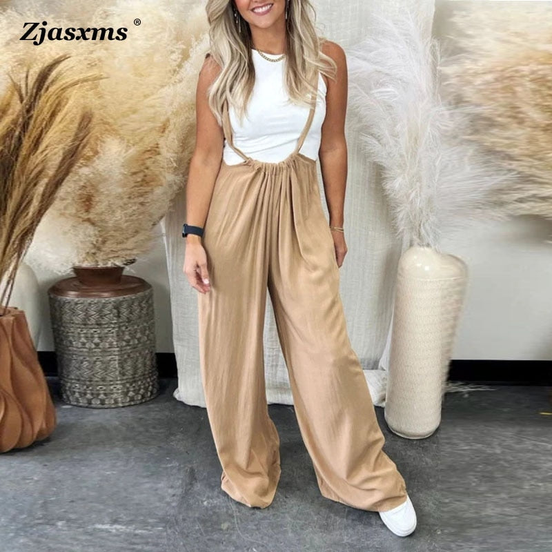 Retro Female Wide Leg Pants Pockets Overalls Fashion Summer Loose Streetwear Rompers 2023 Women Casual Sling All-Match Jumpsuits