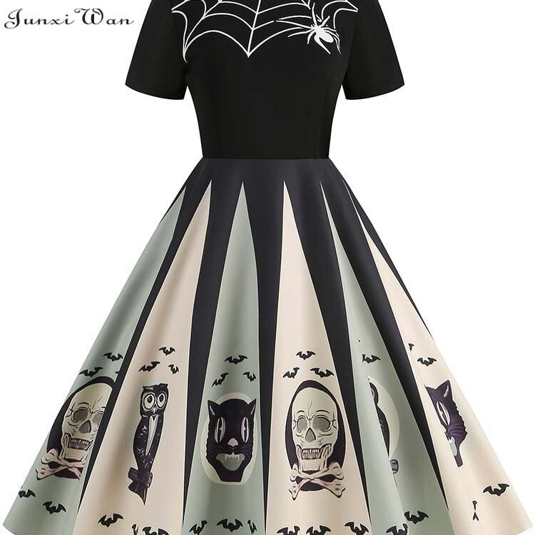 Women Halloween Costumes Dresses Short Sleeve Print Autumn Winter Vintage Party Dress Vestidos