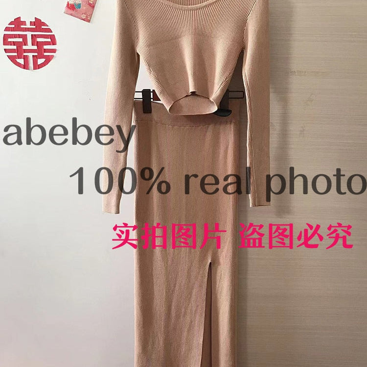 Knitted Winter Women Sexy Sweater Skirt Suit Y2K Fashion Long Sleeve Crop Tops And Long Split Skirt Dress Two Piece Sets Khaki