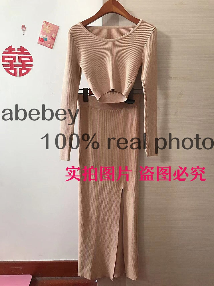 Knitted Winter Women Sexy Sweater Skirt Suit Y2K Fashion Long Sleeve Crop Tops And Long Split Skirt Dress Two Piece Sets Khaki