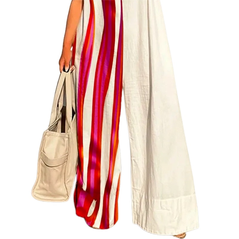 Yeezzi New Fashion Striped Contrast Color Wide Leg Jumpsuits Summer Sleeveless Going Out One Piece Outfit For Women