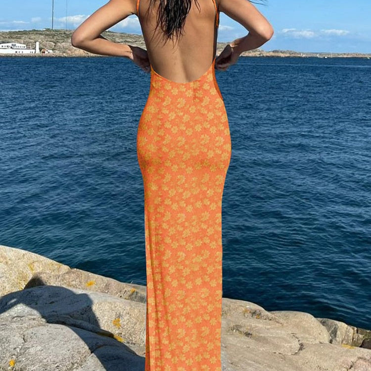 Women Midi Slip Floral Dress Print Backless Sleeveless Elegant Slim Bodycon Spring Summer Holiday Fashion Sweet Orange