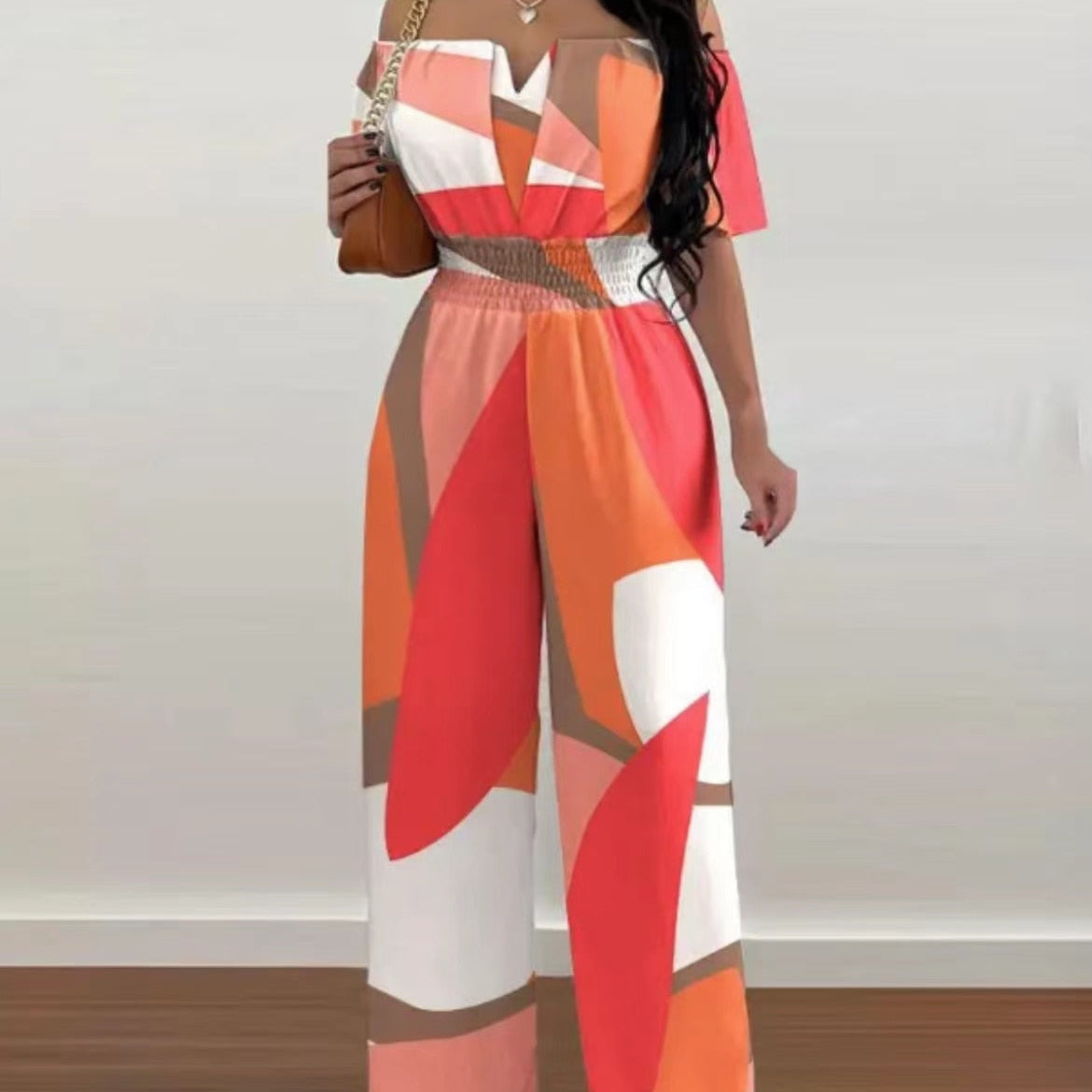 Summer Fashion Printed Wide Leg Jumpsuit Women Sexy Beach Style Off-shoulder High Waist Jumpsuit Womem 2