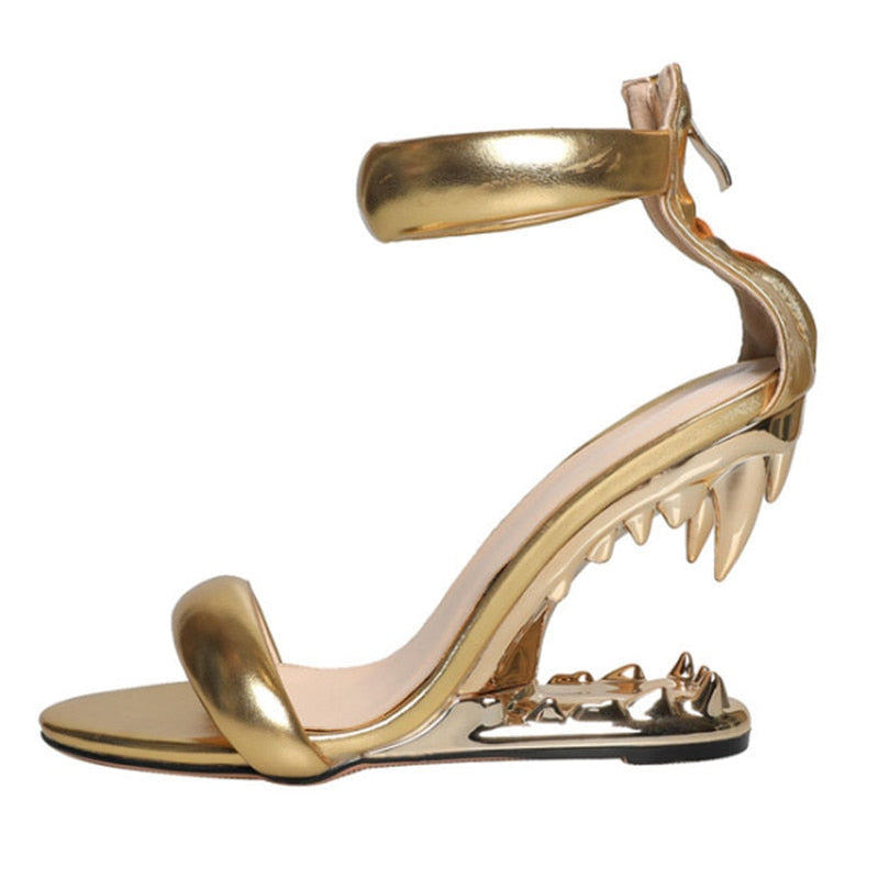 Fashion Metal Teeth Shaped Heel Sandals Round Toe Back Zipper Women's Dress Large Women's Sandals Summer