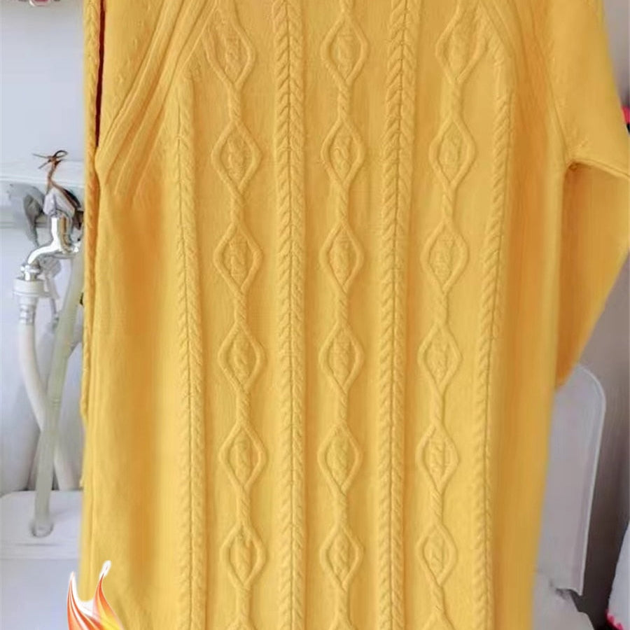 Winter Thicken Plus Velvet Sweater Dress Women's Fall Mock Neck Rib Knit Bottoming Dresses Elegant Warm Vestido Midi With Coats Thicken yellow