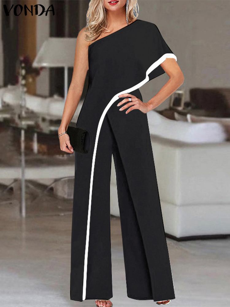 Women's Summer Rompers Elegant Office Formal Jumpsuits Casual Solid One Shoulder Sexy Loose Party Overalls Oversized Black