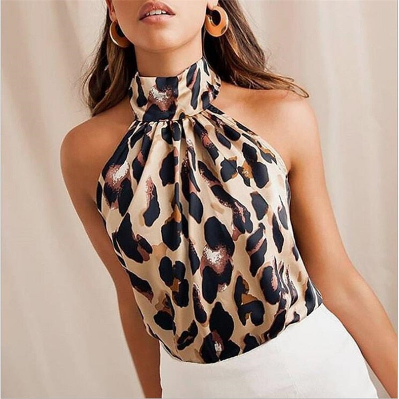 Womens Fashion Shiny Halter Neck Tank Tops Vest Ladies Summer Casual Solid Color Sleeveless T shirt Blouse Black Gold Silver Leopard