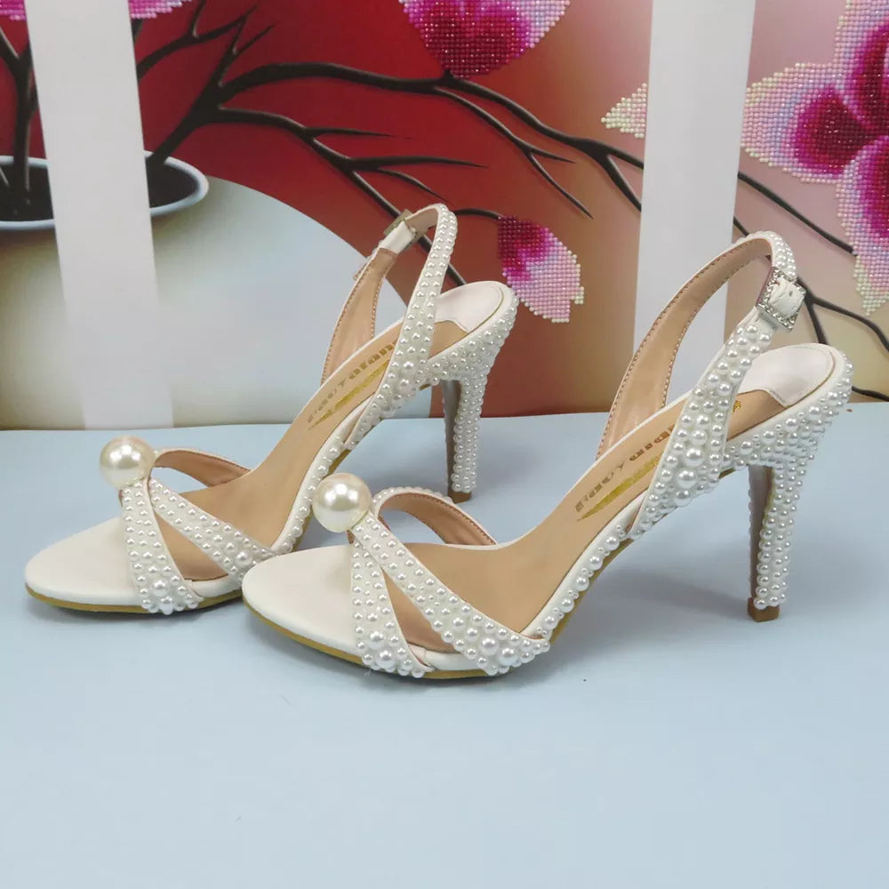 White Female Sandals Bridal shoes bag set woman Fashion Thin Heel Big Pearl Girls fashion Sandals party Shoes white shoe Only
