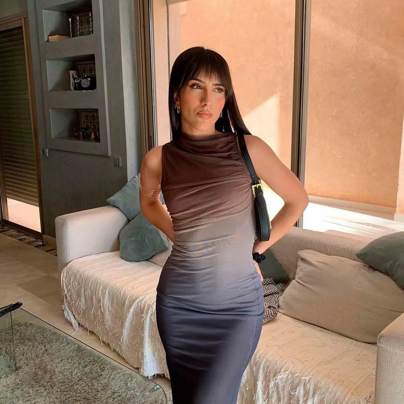 Women's Breathable Bodycon Maxi Dress Sleeveless Round Neck Gradient Print Ruched Tank Women's Clothing Dresses Beachwear