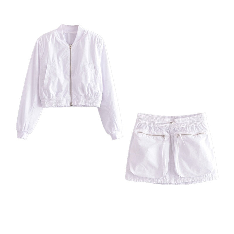 Women Spring Pilot Jackets Skirt Sets Fashion Print Long Sleeved Short Coats Pockets Elastic Waist Mini Skirts Outwear Sets-2