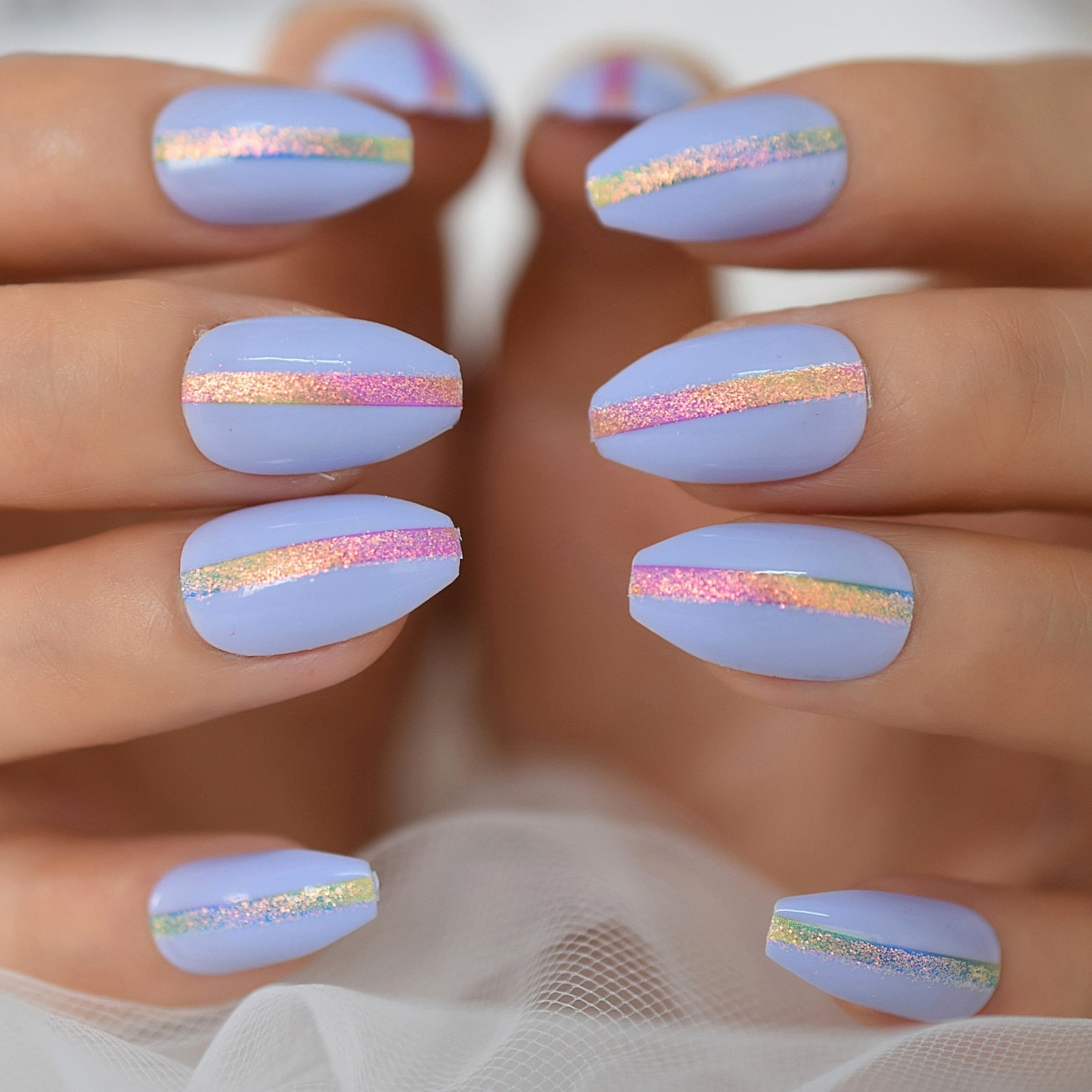 Glossy Gradient Rainbow Ombre French Press on Nails Almond Fake Nails Stiletto Oval Pointed Manicure False Nails Finger Tips L5969