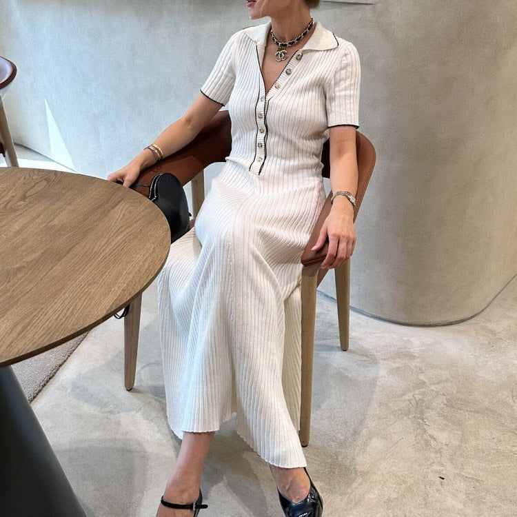 Tossy White Knit Fashion Maxi Dress Women Short Sleeve Patchwork Elegant Party Dress Knitwear Lapel High Street Women's Dress