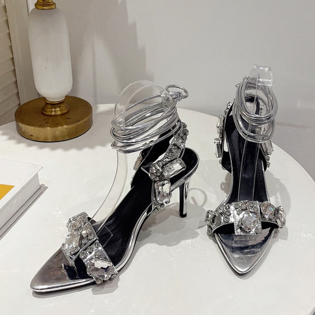 Sexy Ankle Strap Golded Sandals Women Party Nightclub Stripper Heels Crystal Diamond Pointed Toe Wedding Shoe 8.5CM Silver