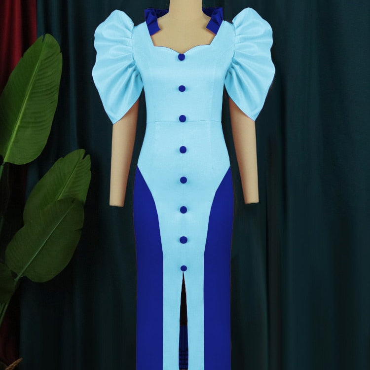 Party Sexy Pink Dresses Women High Slit Short Puff Sleeve Button Robes Celebrate Homecoming Event Outfits Summer Vestidos Blue