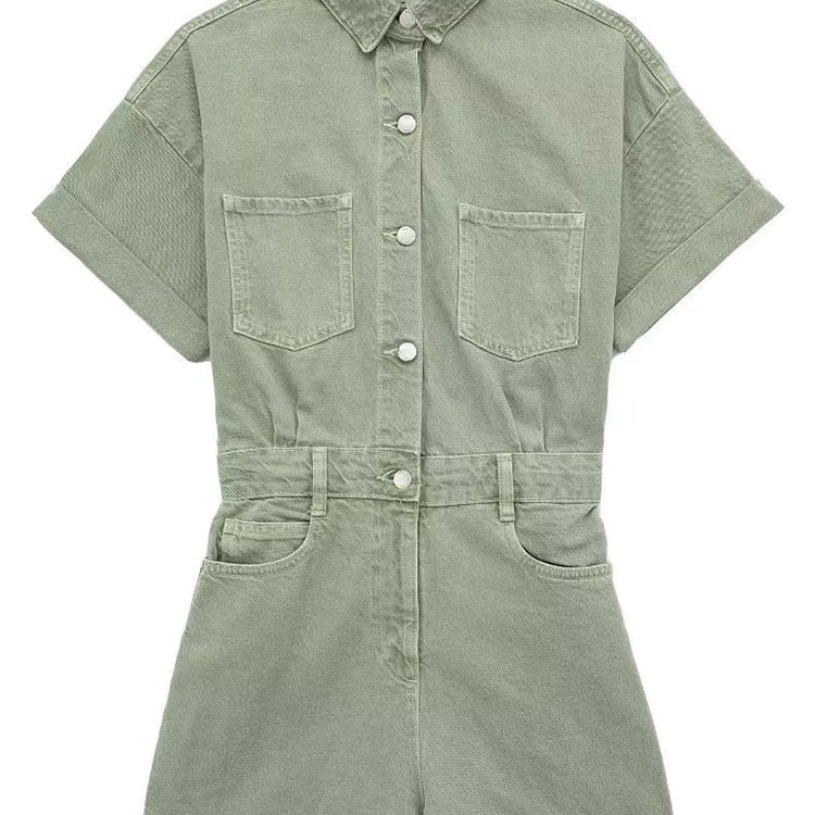 TARUXY Lapel Pocket Denim Jumpsuit Women Sexys Short Sleeve Slim Bodycon Ropa De Mujer Casual Overalls One Piece Womens Clothing