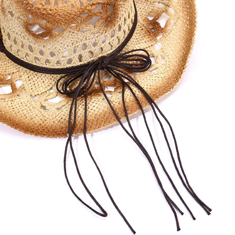 Fashion Rolled Jazz Cowboy Straw Hat Spring And Summer Men And Women Gem Strap Beach Sun Cap Outdoor Sun Shade Hollow Knight Hat