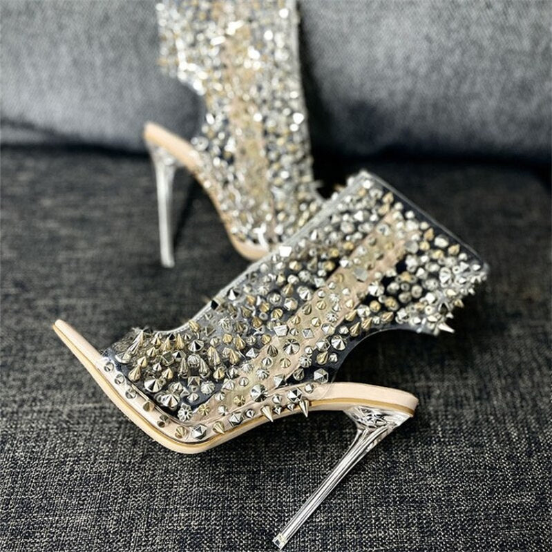 Brand Design New Crystal/rivet Zipper Sandals Stage Banquet Nightclub High Heels Women Shoes Apricot Silver Dress Matching
