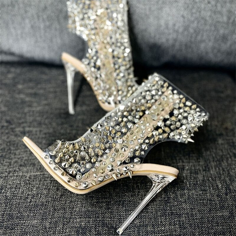 Brand Design New Crystal/rivet Zipper Sandals Stage Banquet Nightclub High Heels Women Shoes Apricot Silver Dress Matching