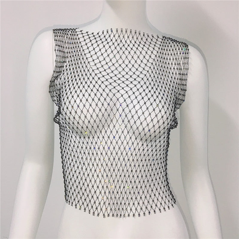 Women's Fishnet Rhinestone Crop Top 2023 Summer Sexy Mesh High Elastic Black White Shirt Net See Through Rave Diamond Tank Top Black Spain
