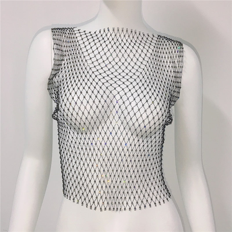Women's Fishnet Rhinestone Crop Top 2023 Summer Sexy Mesh High Elastic Black White Shirt Net See Through Rave Diamond Tank Top Black Spain