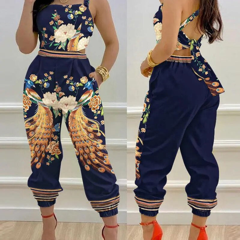 Woman Jumpsuits Elegant Jumpsuits Sexy V-neck Sleeveless Printed Jumpsuit New Fashion with Belt Vest Playsuit Streetwear H