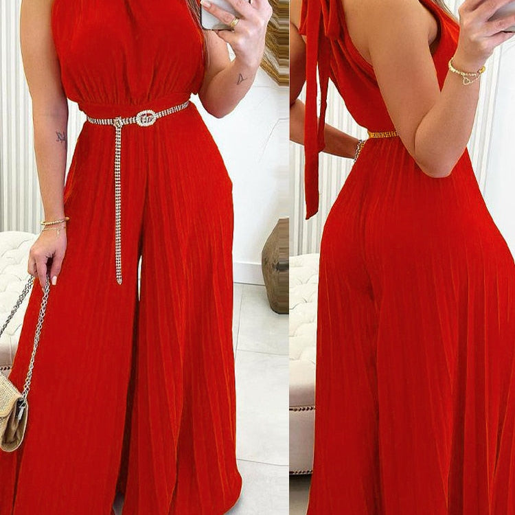 Elegant Women Fashion Red Green Sleeveless Jumpsuit Summer Sexy Halter Tied Detail Plain Pleated Wide Leg Casual Long Jumpsuit