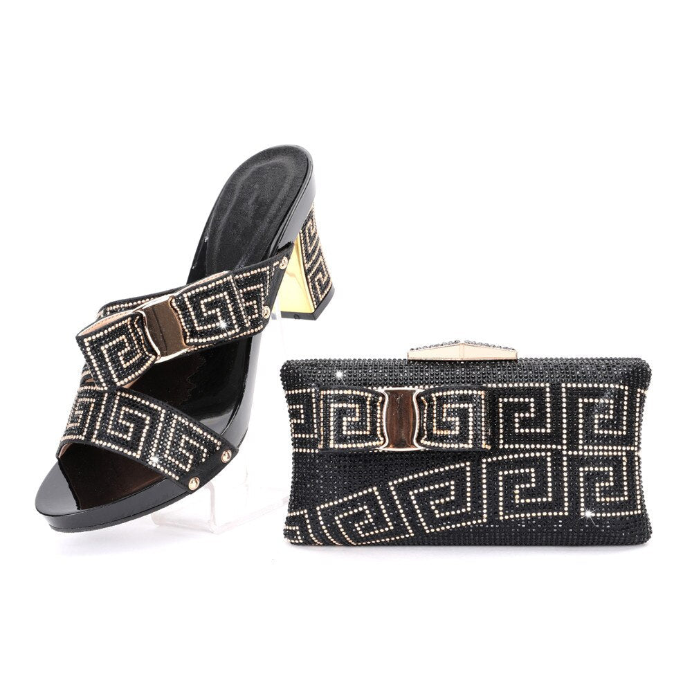 New Arrival Elegant Rhinestone Slipper Woman Shoes And Purse Set Italian Style Square Heels Shoes And Bag Set For Party Black