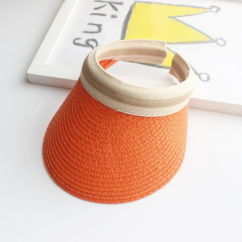 Summer Empty Top Sun Hat - Female Outdoor Visor Cap Casual Shade Hat Straw Wide Large Brim Beach Sunhat Lady 0672-Orange