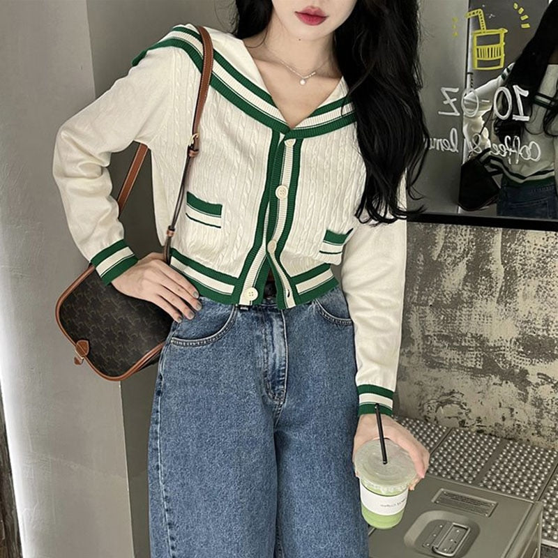 Sailor Collar Two Piece Set for Women Knitted Cardigan + Pant Sets Long Sleeve Korean Outfit Tracksuit New Knit Autumn Suit