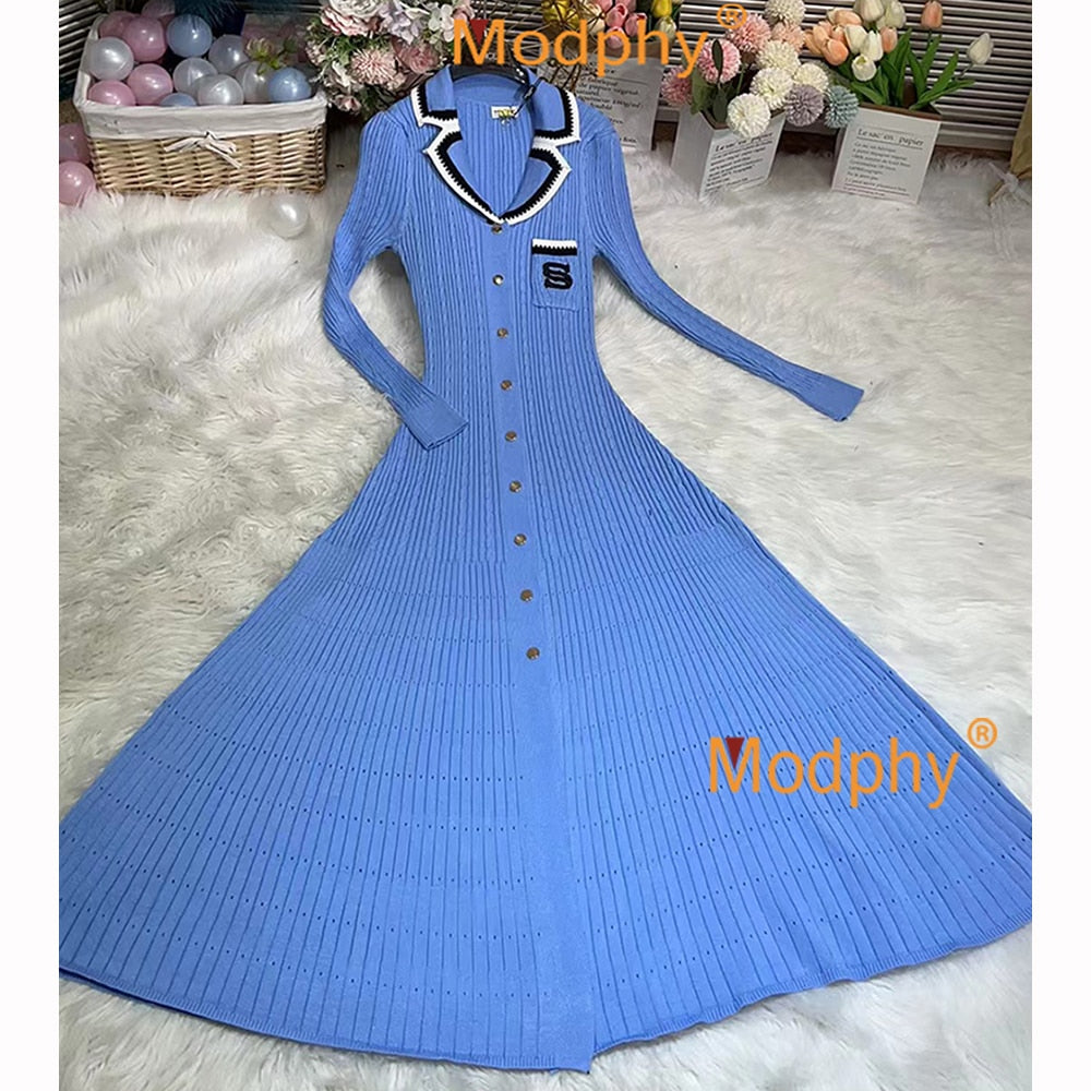 Modphy Elegant Slim Knitted Long Dress Women's Single breasted Long sleeved Designer Slim Vintage Dresses Autumn Blue Long sleeved