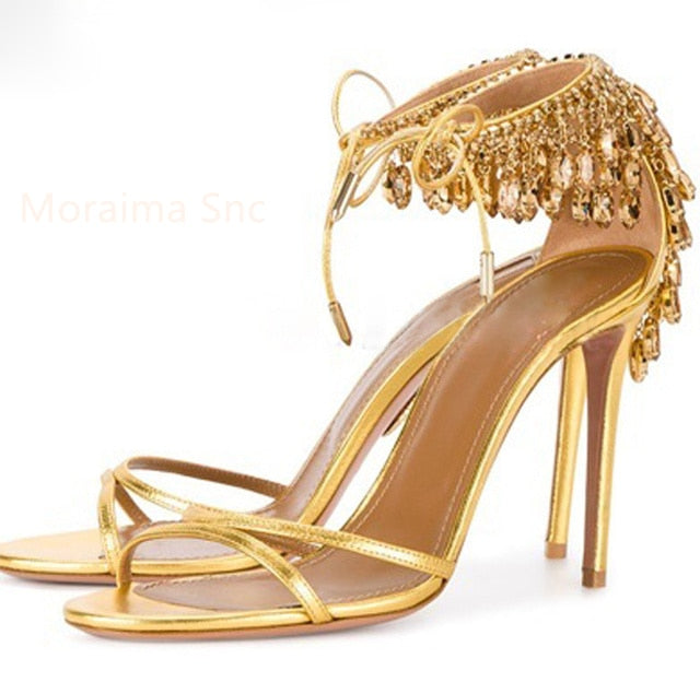 Green Gold Stiletto Women Sandals Bling Diamond Tassel High Heels Peep Toe Glittering Crystal Fringed Party Wedding Shoes Summer gold Spain