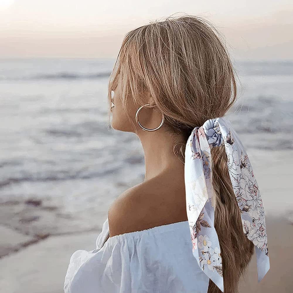 Fashion Print Chiffon Long Ribbon Scrunchies Women Girls Ponytail Scarf Elastic Hair Bands Ties Hair Accessories Wholesale