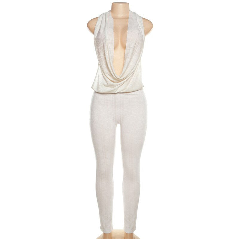 Sexy Low Collar Hanging Neck Sleeveless Slim Fit High Waist Jumpsuits Women Summer Casual Backless Solid Crumpled Overalls