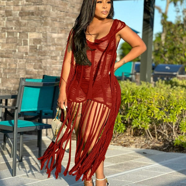 Sexy Crochet Knit Rib Tassel Mini Dress for Women Summer 2023 Fashion Sleeveless See Through Club Party Dresses Beach Wear Robe