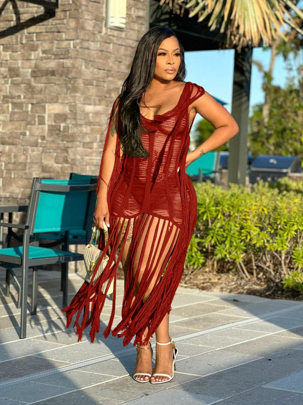 Sexy Crochet Knit Rib Tassel Mini Dress for Women Summer 2023 Fashion Sleeveless See Through Club Party Dresses Beach Wear Robe