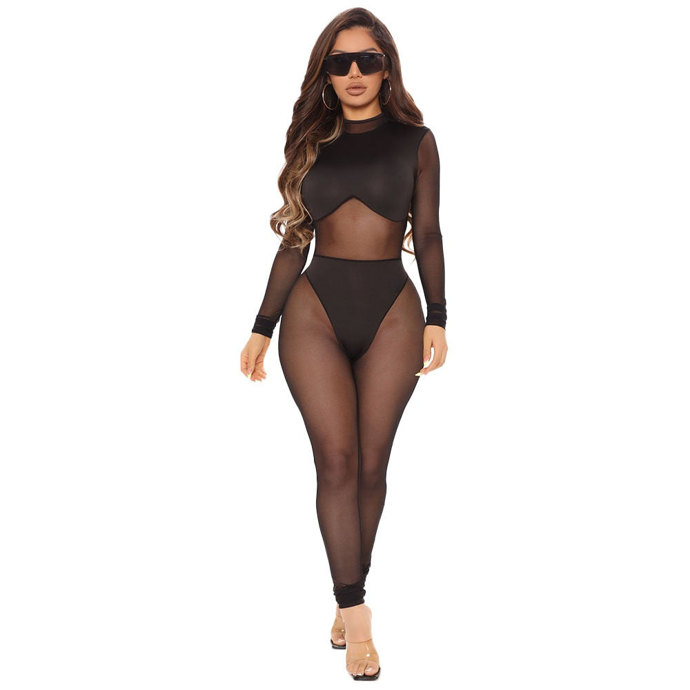 Sexy Jumpsuit Women Transparent Black Jumpsuits Elastic Mesh Bodysuits Summer See Through One Piece Night Club Outfit Black